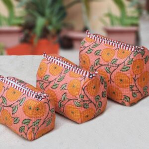 Orange Daisies Cotton Quilted Makeup Bag/Cosmetic Bag