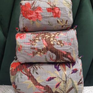 Gray Bloom Cotton Quilted Makeup Bag/Cosmetic Bag
