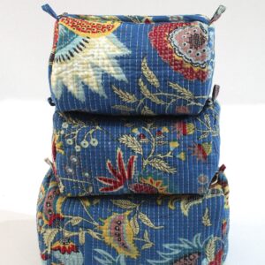 Indigo Bloom Cotton Quilted Makeup Bag/Cosmetic Bag