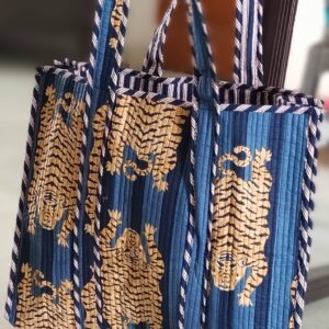 Blue Gray Tiger Cotton Quilted Tote Bag