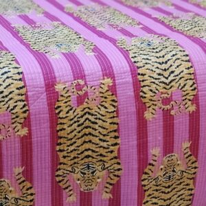 Pink Tiger Quilted Cotton Bed Throw Blanket