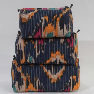 Blue Ikat Print Cotton Travel/ Makeup Bag/Cosmetic Bag