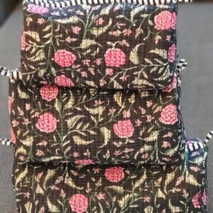 Black & Pink Floral Cotton Travel/ Makeup Bag/Cosmetic Bag