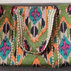 Green Ikat Cotton Quilted Tote Bag