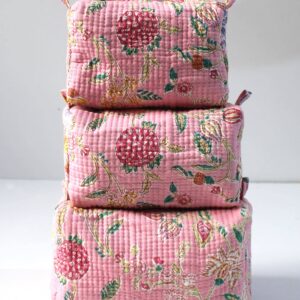 Pink Floral Cotton Quilted Makeup Bag/Cosmetic Bag