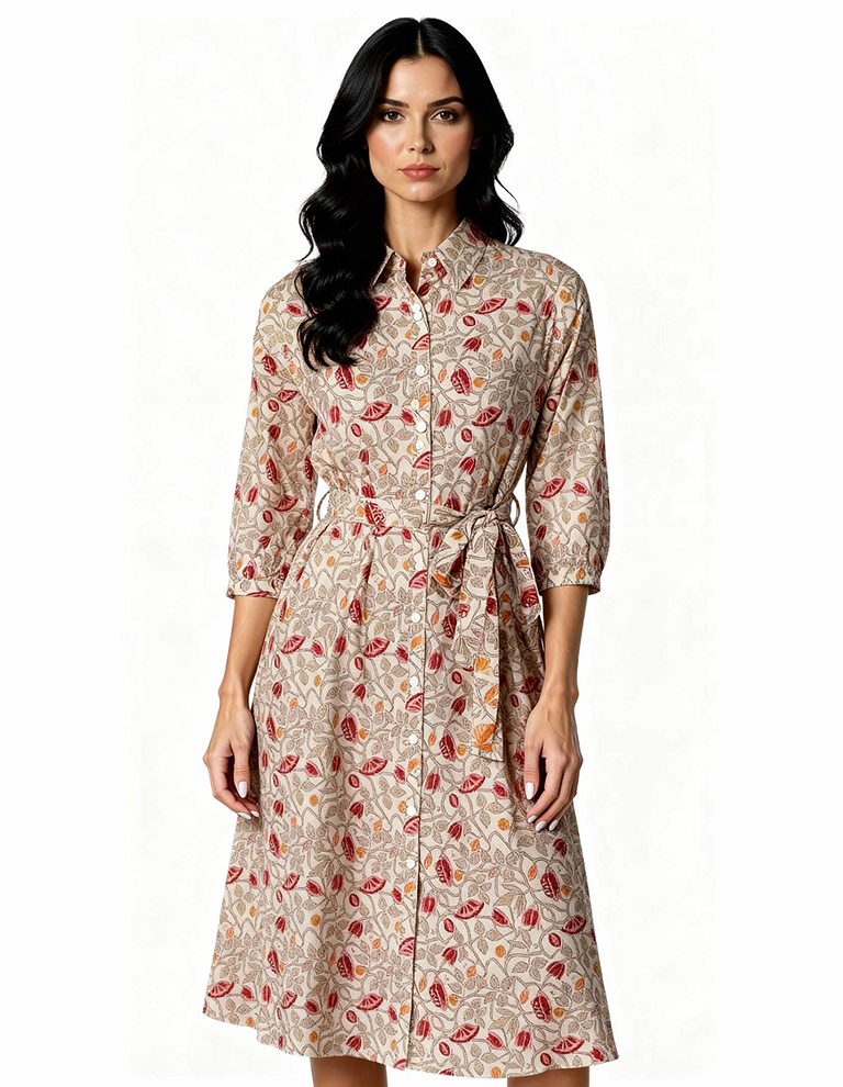 Waterlily Cotton Long Shirt Dress with Hand Block Prints
