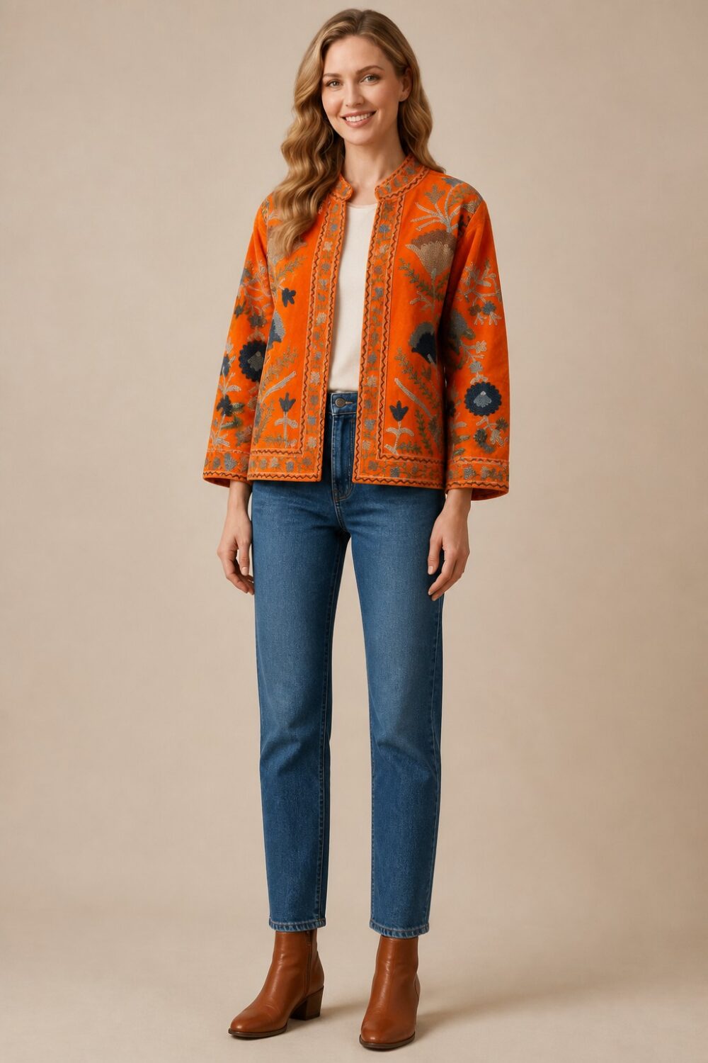 Velvet Suzani Artisan Embroidered Jacket - Orange